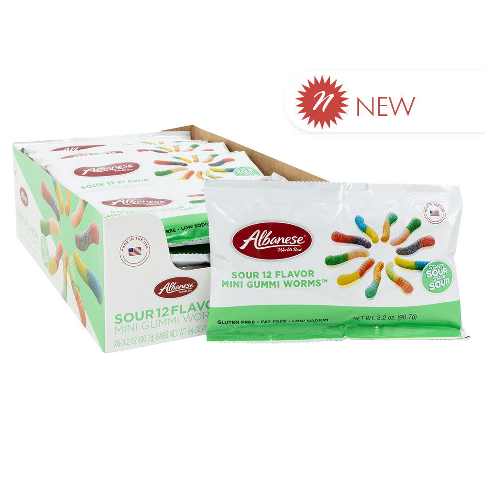 Wholesale Albanese 12 Flavor Sour Mini Gummi Worms 3.2 Oz Bag- Bulk