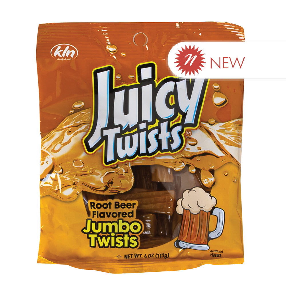 Wholesale Juicy Twists Root Beer Jumbo Twists 4 Oz Peg Bag- Bulk
