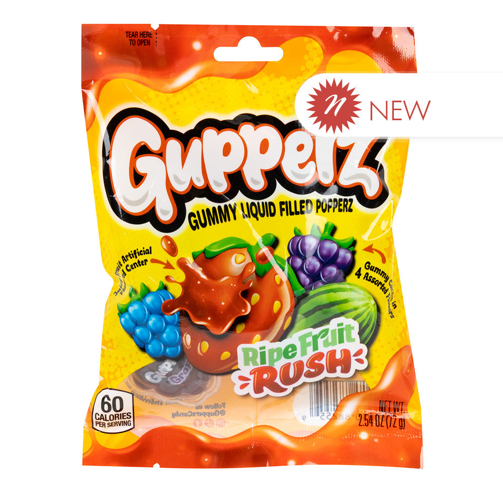 Wholesale Gupperz Ripe Fruit Rush Gummy Liquid Filled Popperz 2.54 Oz Peg Bag- Bulk