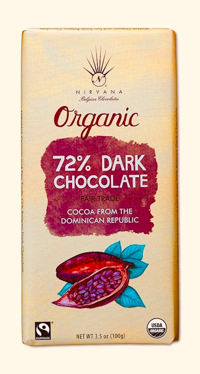 Wholesale Nirvana Dark Organic Belgian Chocolates -72% Cocoa (Vegan) 3.5 Oz.-12 Ct Case Bulk