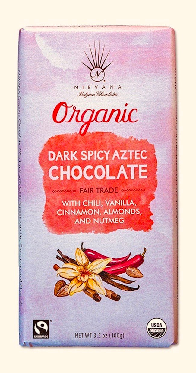 Wholesale Nirvana Dark Organic Belgian Chocolate W/Chili; Almonds; Vanilla; Nutmeg & Cinnamon- (Vegan) 72% Cocoa 3.5 Oz. Ea-12 Ct Case Bulk