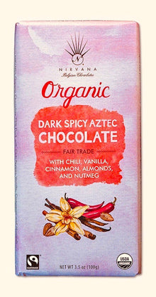 Wholesale Nirvana Dark Organic Belgian Chocolate with chili; almonds; vanilla; nutmeg & cinnamon- (vegan) 3.5 OZ- Bulk