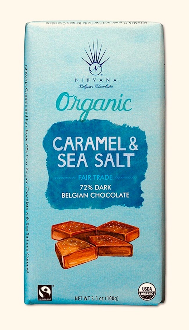 Wholesale Nirvana Dark Organic Belgian Chocolate W/Caramel & Sea Salt-72% Cocoa (Vegan) 3.5 Oz.-12 Ct Case Bulk