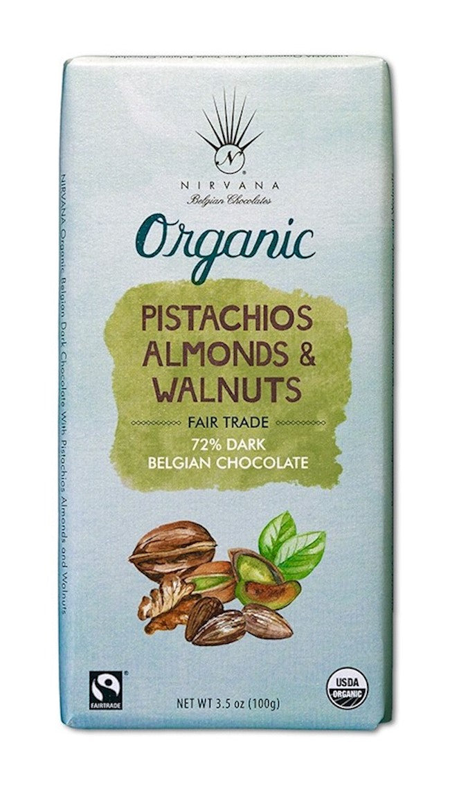 Wholesale Nirvana Dark Organic Belgian Chocolate with Walnuts, Almonds, and Pistachios - 72 percent cacao (vegan) 3.5 OZ- Bulk