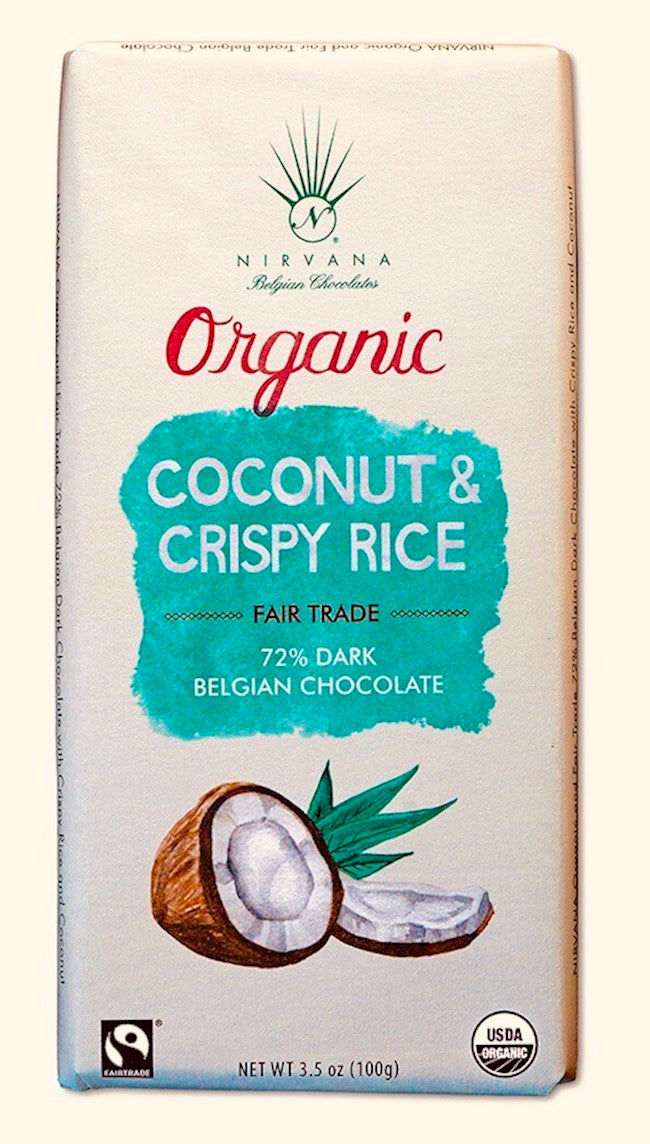 Wholesale Nirvana Dark Organic Belgian Chocolate W/Crunchy Coconut & Crispy Rice - 72% Cocoa (Vegan) 3.5 Oz.-12 Ct Case Bulk