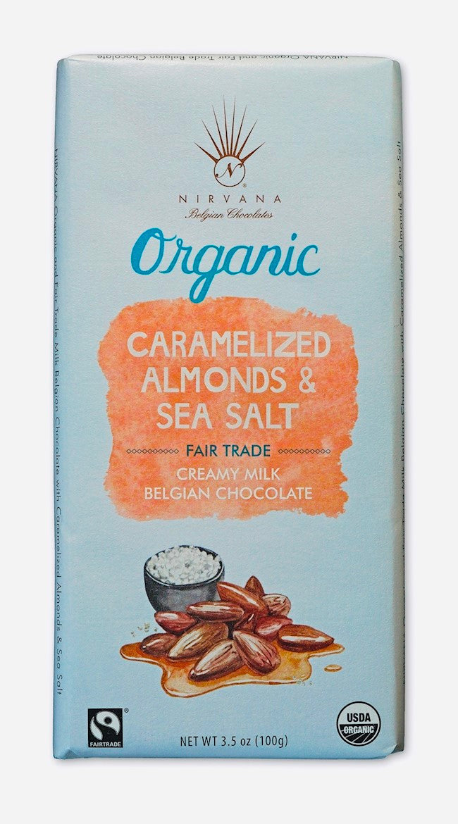 Wholesale Nirvana Milk Organic And Fair Trade Belgian Chocolate With Caramelized Almonds And Sea Salt 40% Cocoa 3.5 Oz.-12 Ct Case Bulk