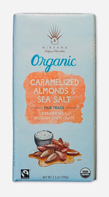 Wholesale Exquisite Nirvana Organic and Fair Trade Belgian Milk Chocolate with Caramelized Almonds and Sea Salt 3.5 OZ- Bulk