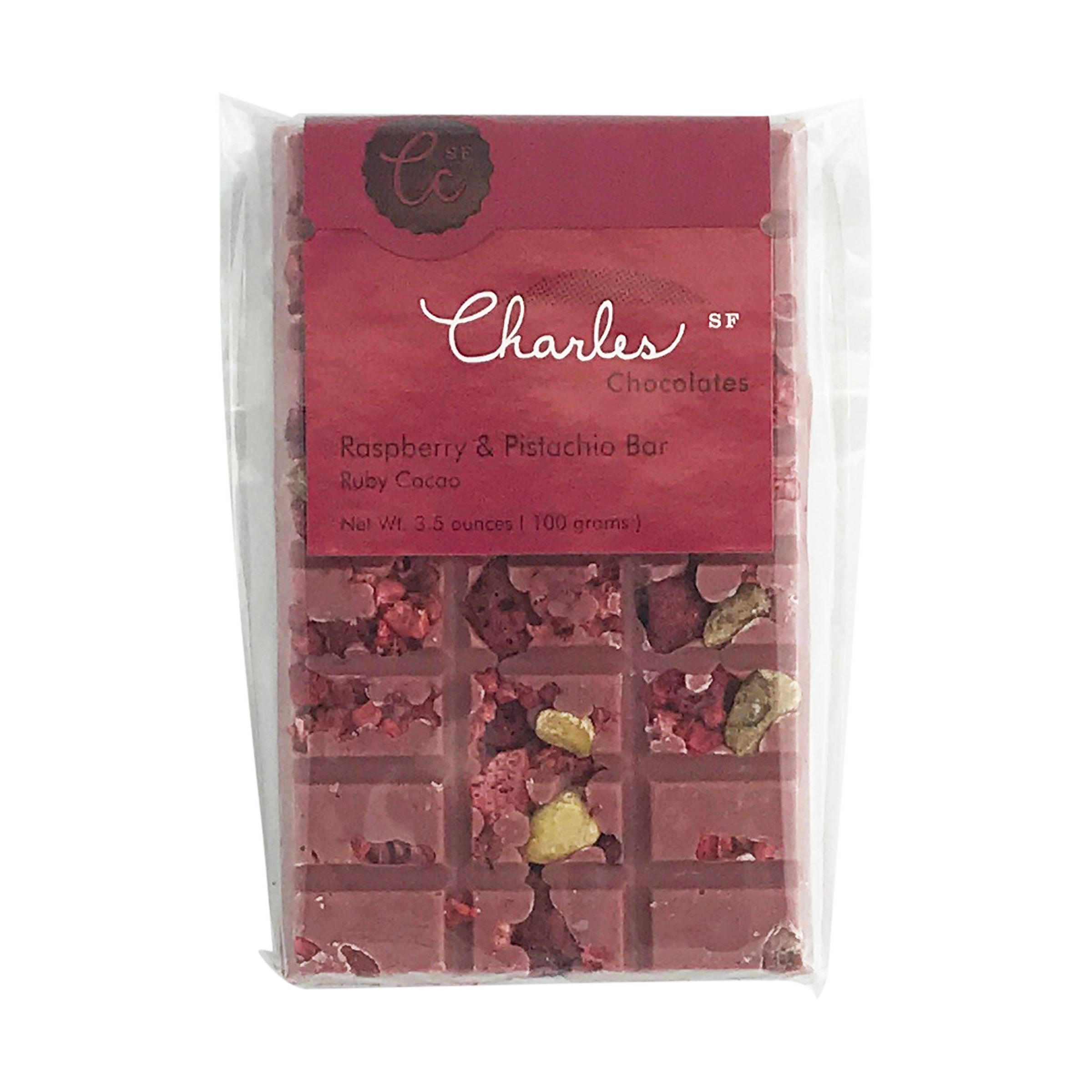 Charles Chocolates Raspberry & Pistachio Ruby Chocolate Bar 3.5oz 12ct