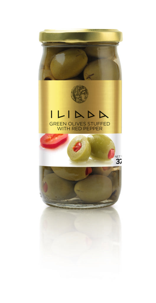 Wholesale Iliada Green Olives Stuffed with Red Peppers 370 Gram-12 Ct Case Bulk