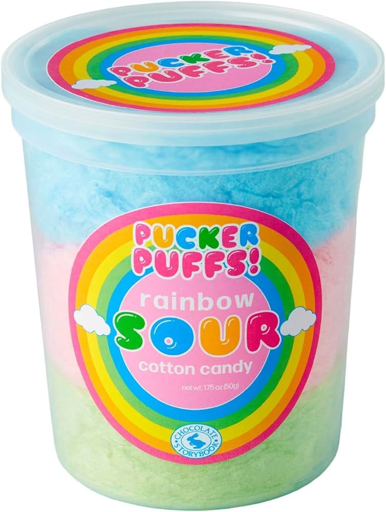Wholesale Chocolate Storybook Pucker Puffs! Rainbow Sour Cotton Candy 1.75 Oz Tub- Bulk