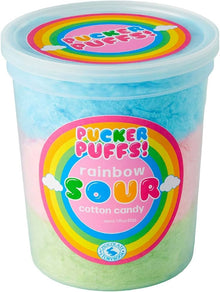 Wholesale Chocolate Storybook Pucker Puffs! Rainbow Sour Cotton Candy 1.75 Oz Tub- Bulk