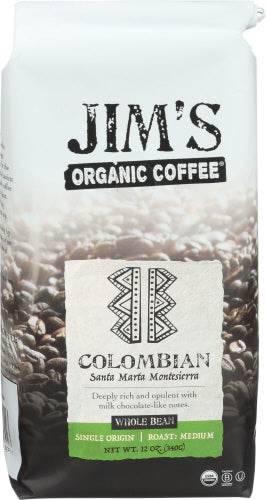 Jim's Organic Coffee Colombian Whole Bean 12oz 6ct