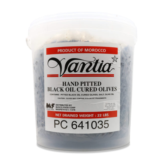Wholesale Vantia Moroccan Oil Cured Pitted Olives 26/29 PAI 22 lb- Bulk
