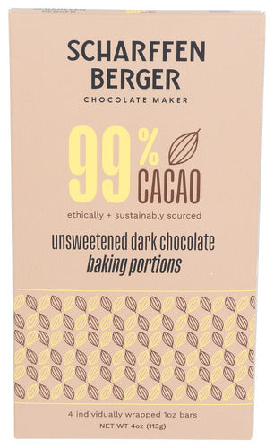 Wholesale Scharffen Berger 99 Percent Unsweetened Baking Portions Cacao Dark Chocolate 4 Oz Box-12ct Case Bulk