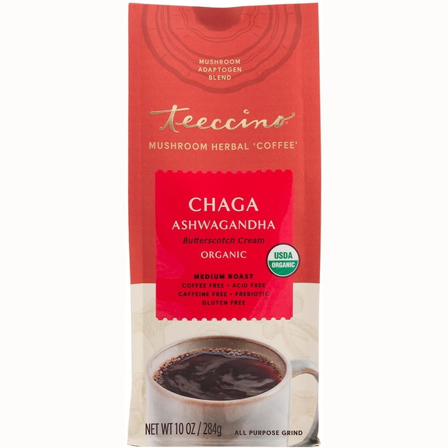 Teeccino Mushroom Herbal 'Coffee' Chaga Ashwagandha Butterscotch Cream 10 Oz