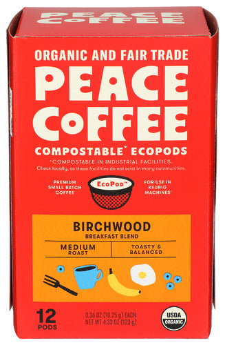 Peace Coffee Compostable Medium Roast Coffee Pods Birchwood 4.33oz 6ct