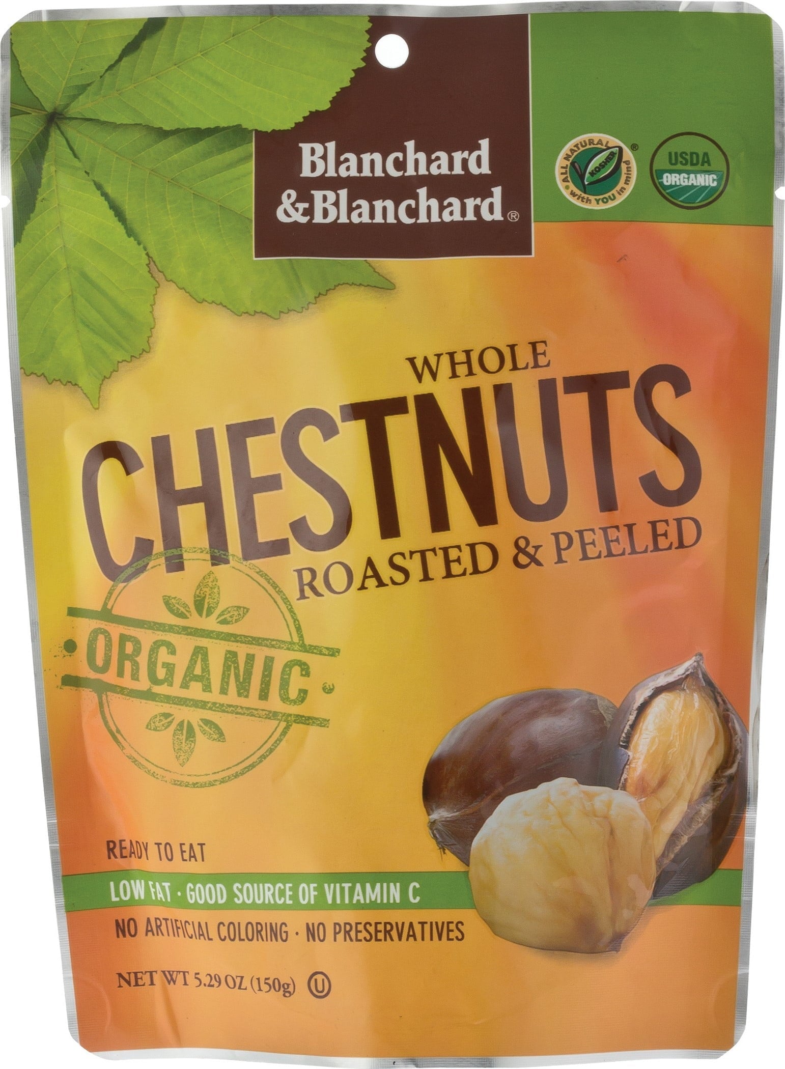 Blanchard Organic Whole Chestnuts  Roasted and Peeled 5.2 oz Bag