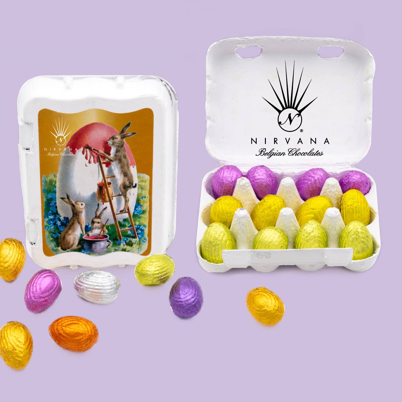 Wholesale Nirvana 12pc. assorted milk and dark foil-wrapped chocolate eggs in decorated egg carton 4.23 oz- Bulk