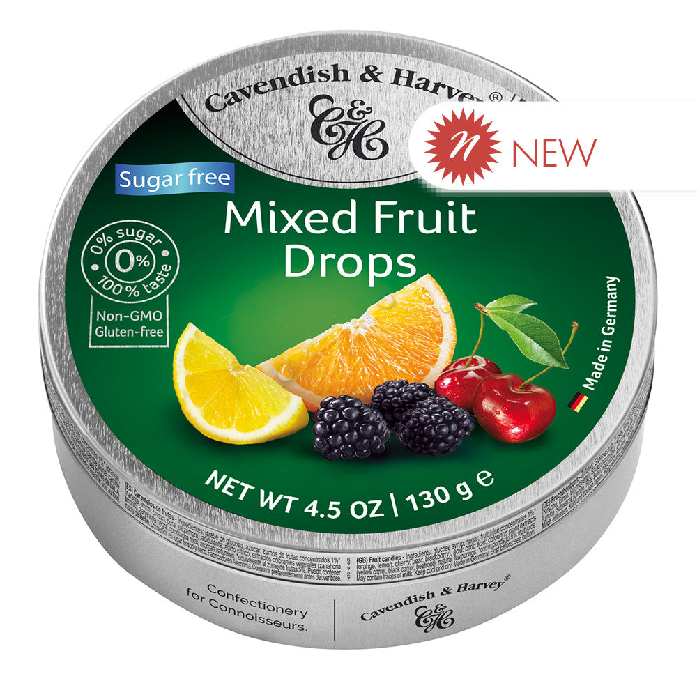 Wholesale Cavendish & Harvey Sugar Free Mixed Fruit Drops 4.5 Oz Tin- Bulk