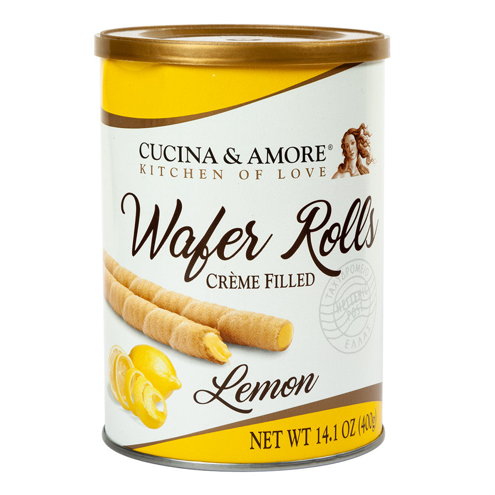 Wholesale Cucina & Amore Lemon Rolled Wafers 14.1 Oz Canister- Bulk