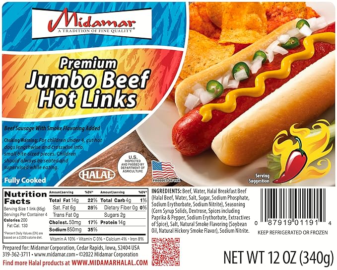 Wholesale Midamar Jumbo Beef Hot Links 12oz-12 Ct Case Bulk