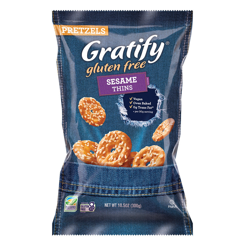 Wholesale Gratify Gluten Free Sesame Pretzel Thins 10.5 Oz Bag-6ct Case Bulk