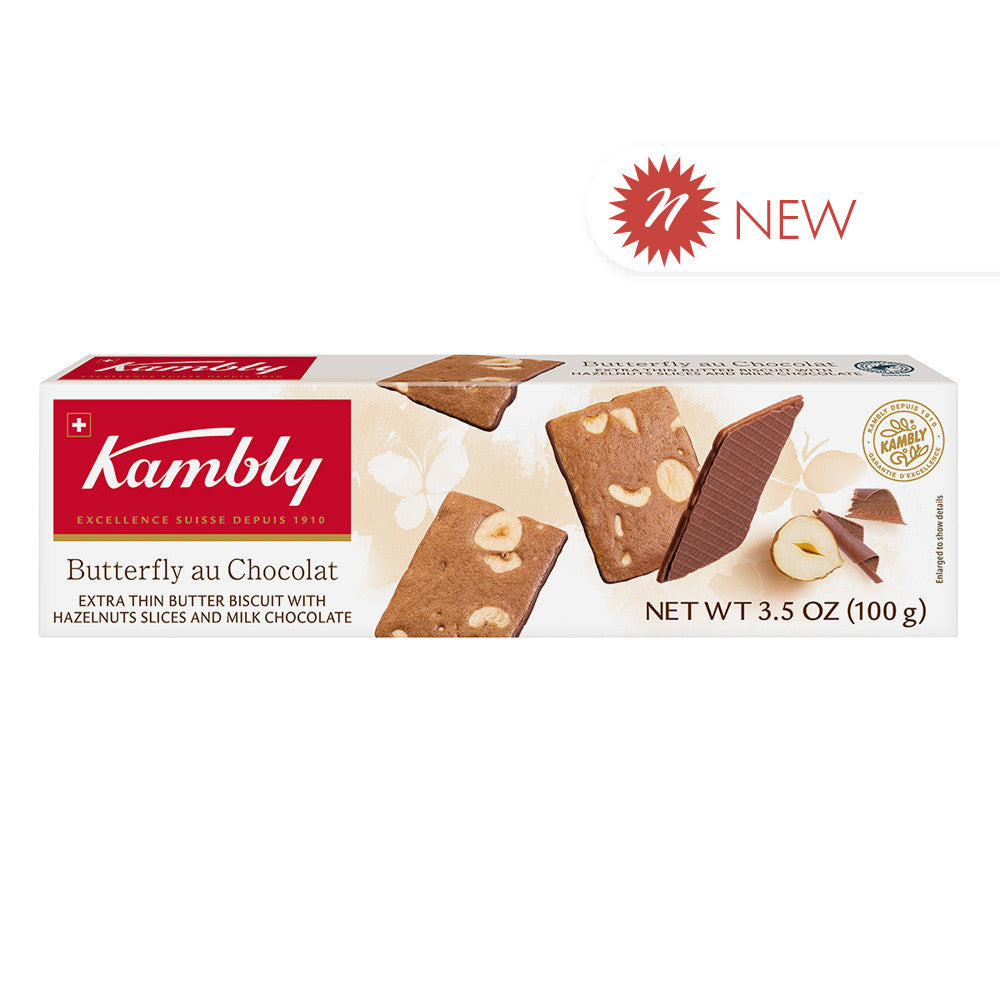 Wholesale Kambly Swiss Butterfly Au Chocolat Extra Thin Butter Biscuits With Hazelnut Slices And Milk Chocolate 3.5 Oz Box- Bulk