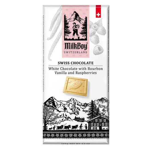 Wholesale Milkboy Swiss White Chocolate With Bourbon Vanilla And Raspberries 3.5 Oz Bar- Bulk