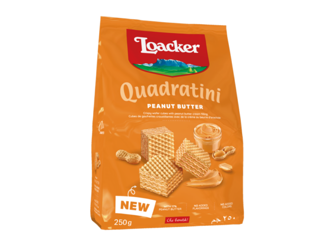 Wholesale Loacker Peanut Butter Quadratini Wafers 8.8 OZ-6ct Case Bulk