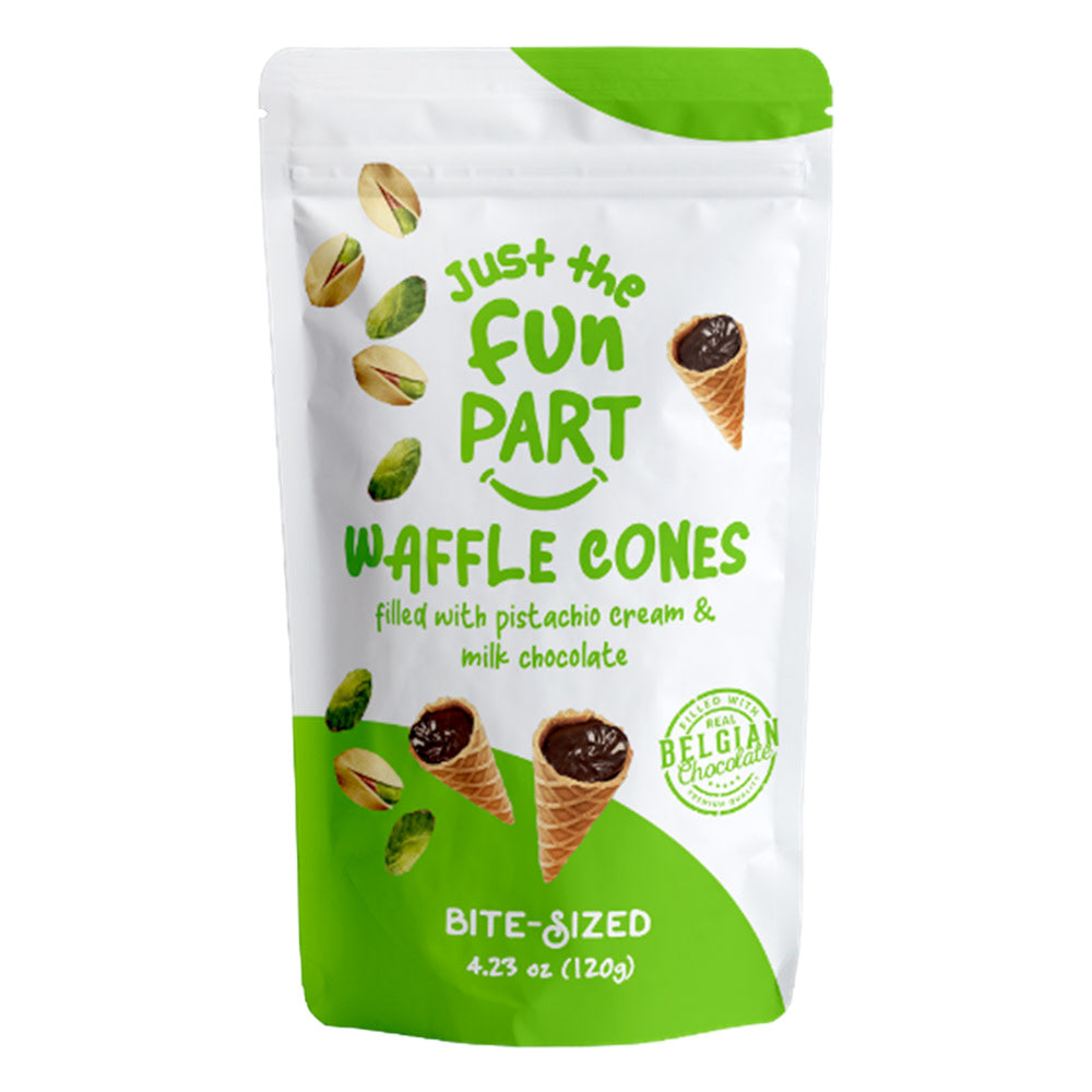 Wholesale Just The Fun Part Pistachio Cream Milk Chocolate Waffle Cones 4.23 Oz Bag- Bulk