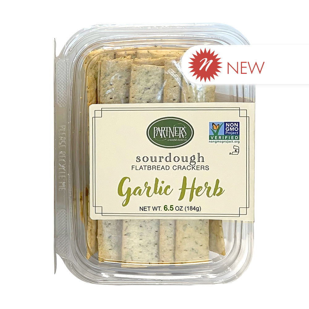 Partners Garlic Herb Sourdough Flatbread Crackers 6.5 Oz Tub – BoxNCase