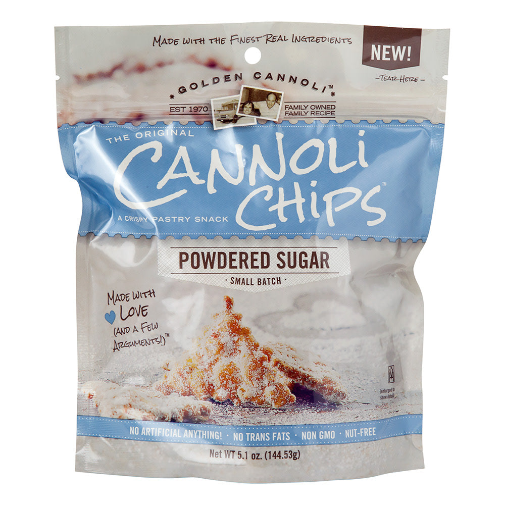 Wholesale Golden Cannoli Powdered Sugar Cannoli Chips 5.1 Oz Pouch-8ct Case Bulk