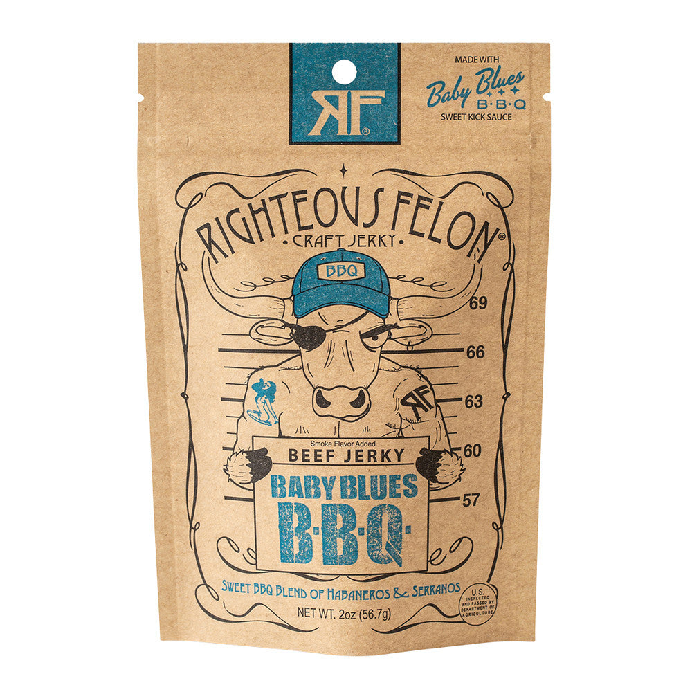 Wholesale Righteous Felon Baby Blue Bbq Beef Jerky 2 Oz Pouch-8ct Case Bulk