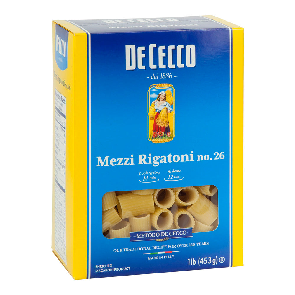 Wholesale De Cecco Mezzi Rigatoni Pasta 16 Oz Box # 26-12ct Case Bulk