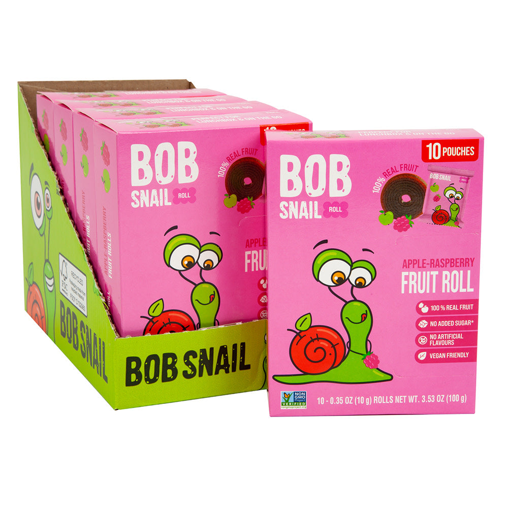 Wholesale Bob Snail Apple Raspberry Fruit Roll 3.53 Oz 10 Count Box- Bulk