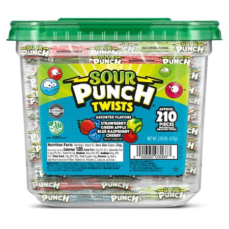 Wholesale Sour Punch Indiv. Wrapped 3” Twists Jar 4-Flavors 41.44 oz Bulk