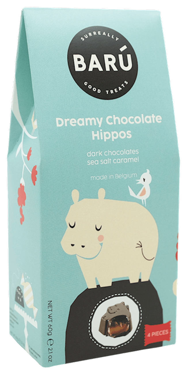 Wholesale Baru 4 Pc. Dreamy Chocolate Hippos; Dark Chocolate With Caramel And Sea Salt Filling In Box-12 Ct Case Bulk