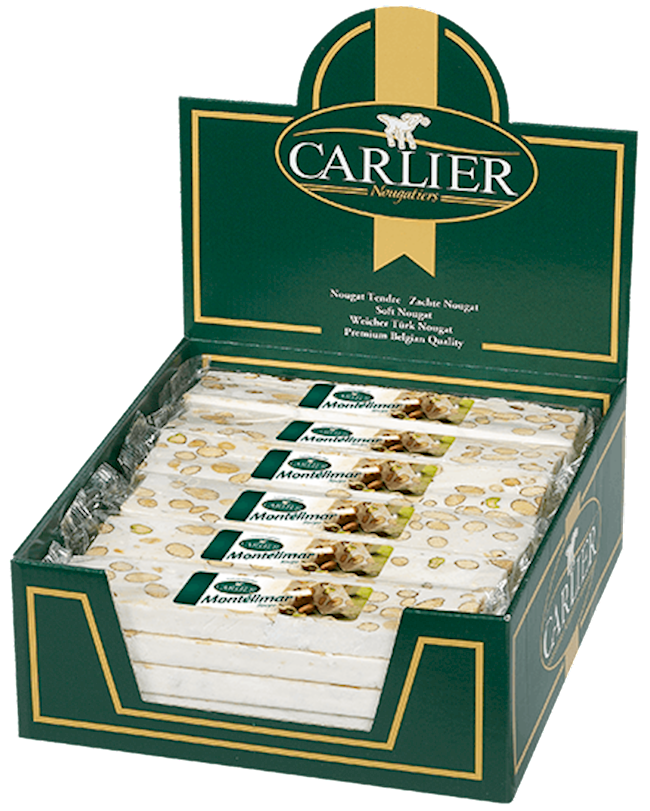 Carlier Display With Pure Montelimar Nougat With Almond Bars 5.29 Oz. / 150G Each Bar