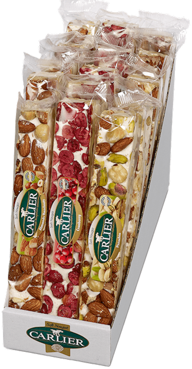 Carlier Display featuring 15 Delicious Gourmet Nougat Bars 3.5 OZ