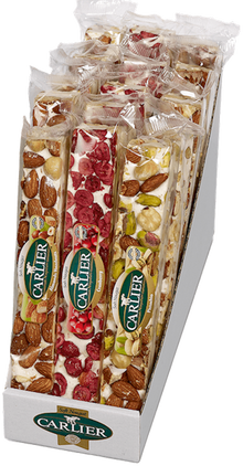 Carlier Display featuring 15 Delicious Gourmet Nougat Bars 3.5 OZ