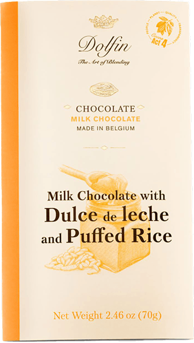 Dolfin 70 Gr Milk Chocolate Bar With Dulce De Leche & Crispy Rice 2.5 Oz