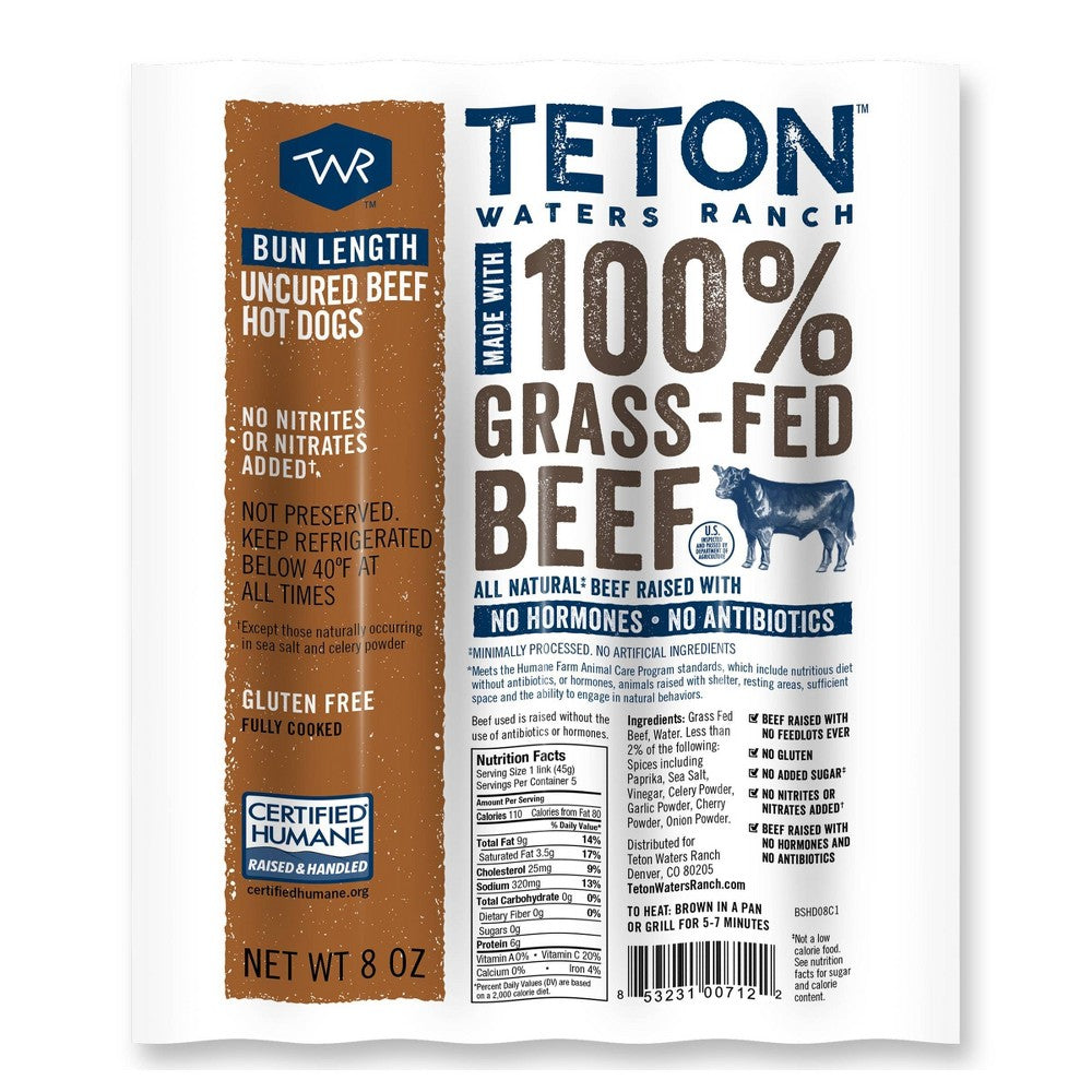 Teton Waters Ranch 100% Grass-Fed Beef Bun Length Hot Dogs 8 oz