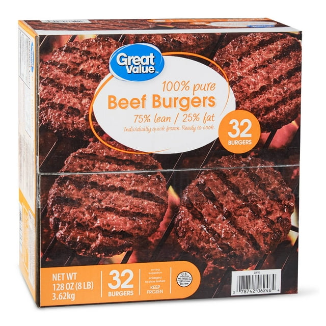 Great Value 100% Pure Beef Burgers, 75% Lean/25% Fat 8lb 30ct