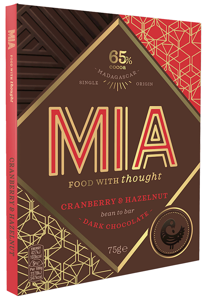 Mia Cranberry & Hazelnut 65% Dark Chocolate Bar 2.65 Oz. (75G.)