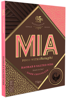 Wholesale Mia Baobab & Salted Nibs 65% Dark Chocolate Bar 2.65 Oz. (75G.)- Bulk