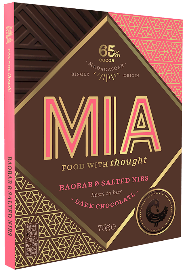 Mia Baobab & Salted Nibs 65% Dark Chocolate Bar 2.65 Oz. (75G.)