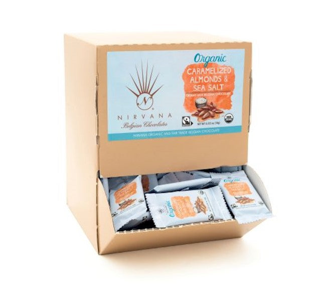 Wholesale Nirvana Milk Organic And Ft Belgian Chocolate With Caramelized Almonds And Sea Salt 40% Cocoa Mini Flowpack; 0.35 Oz. (10Gr.)- Bulk