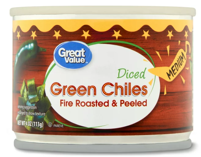 Great Value Canned Medium Diced Green Chiles 4oz 50ct