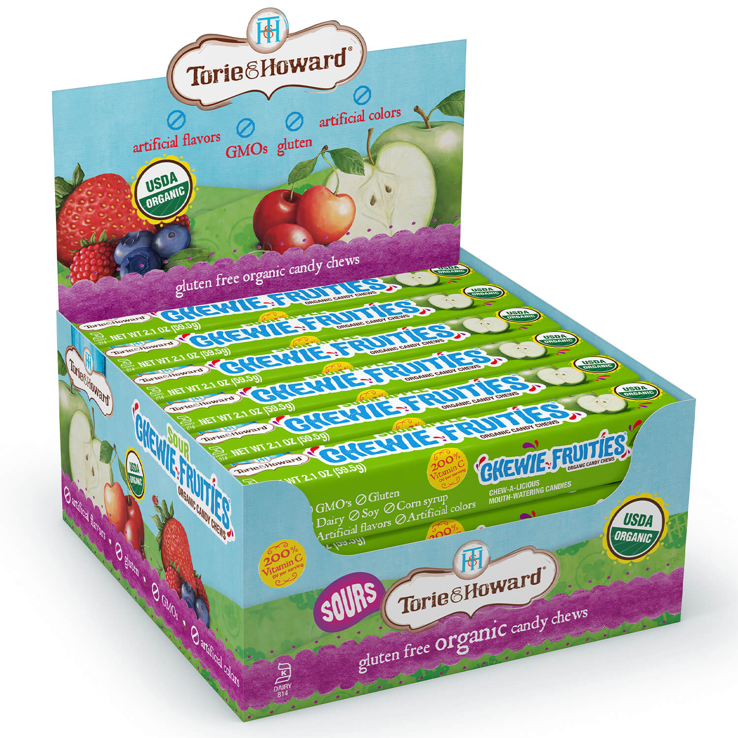 Wholesale Torie & Howard Sour Chewie Fruities® Organic Candy, Sour Apple Flavor 2.1 oz Stick Packs Bulk
