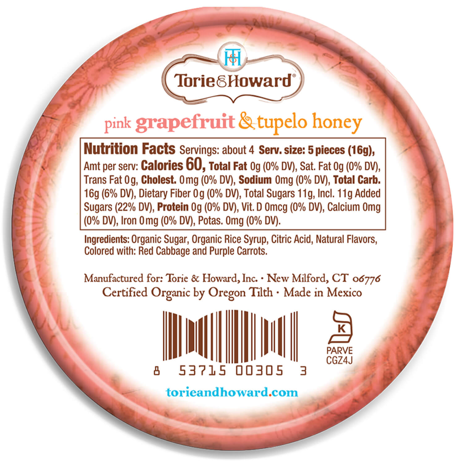 Torie & Howard Grapefruit and Tupelo Honey Organic Hard Candy 2oz Tins (8ct Box)